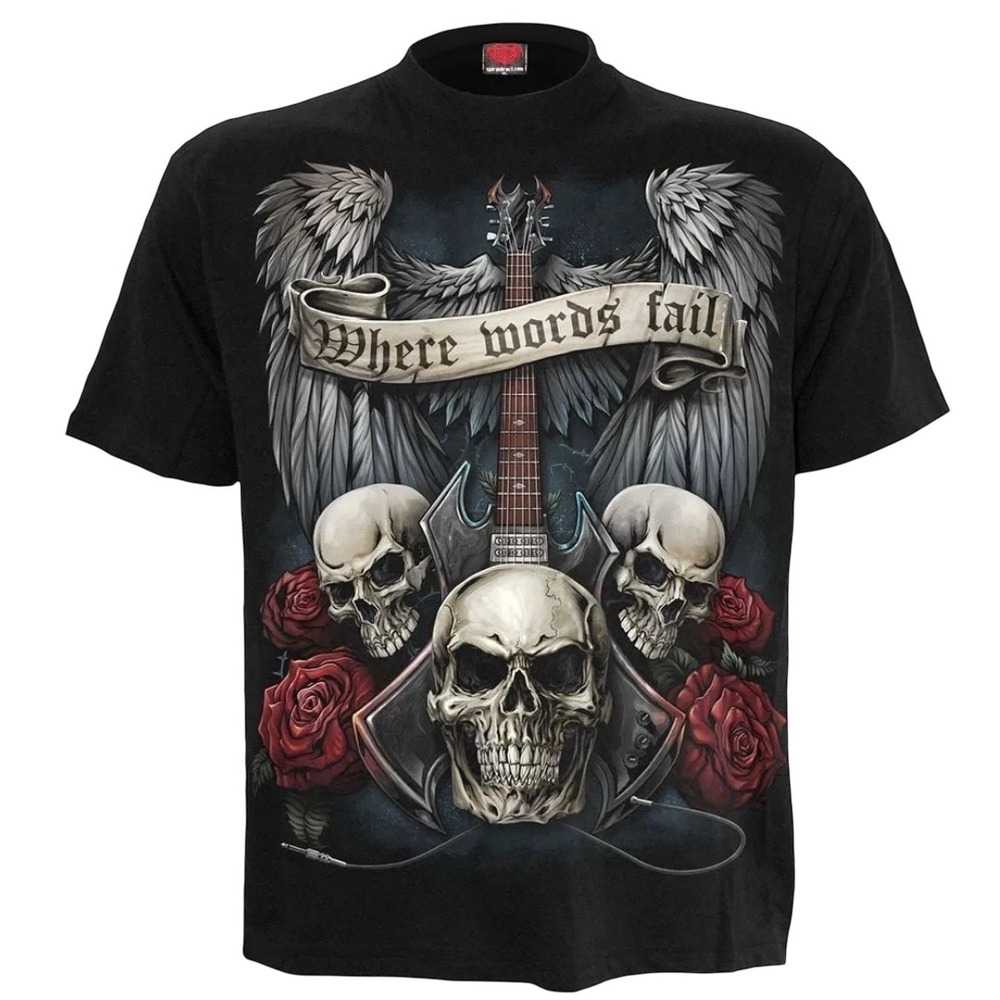 Vtg Spiral Direct Skull Guitar‎ Wings Gothic Rock Tattoo Y2K Graphic T Shirt XL
